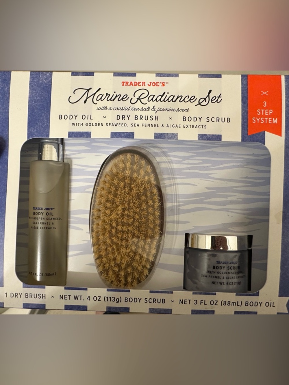 The Trader Joe's Marine Radiance Set is designed as a three-step body care
